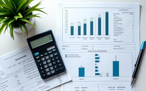 A calculator and financial documents on a desk.